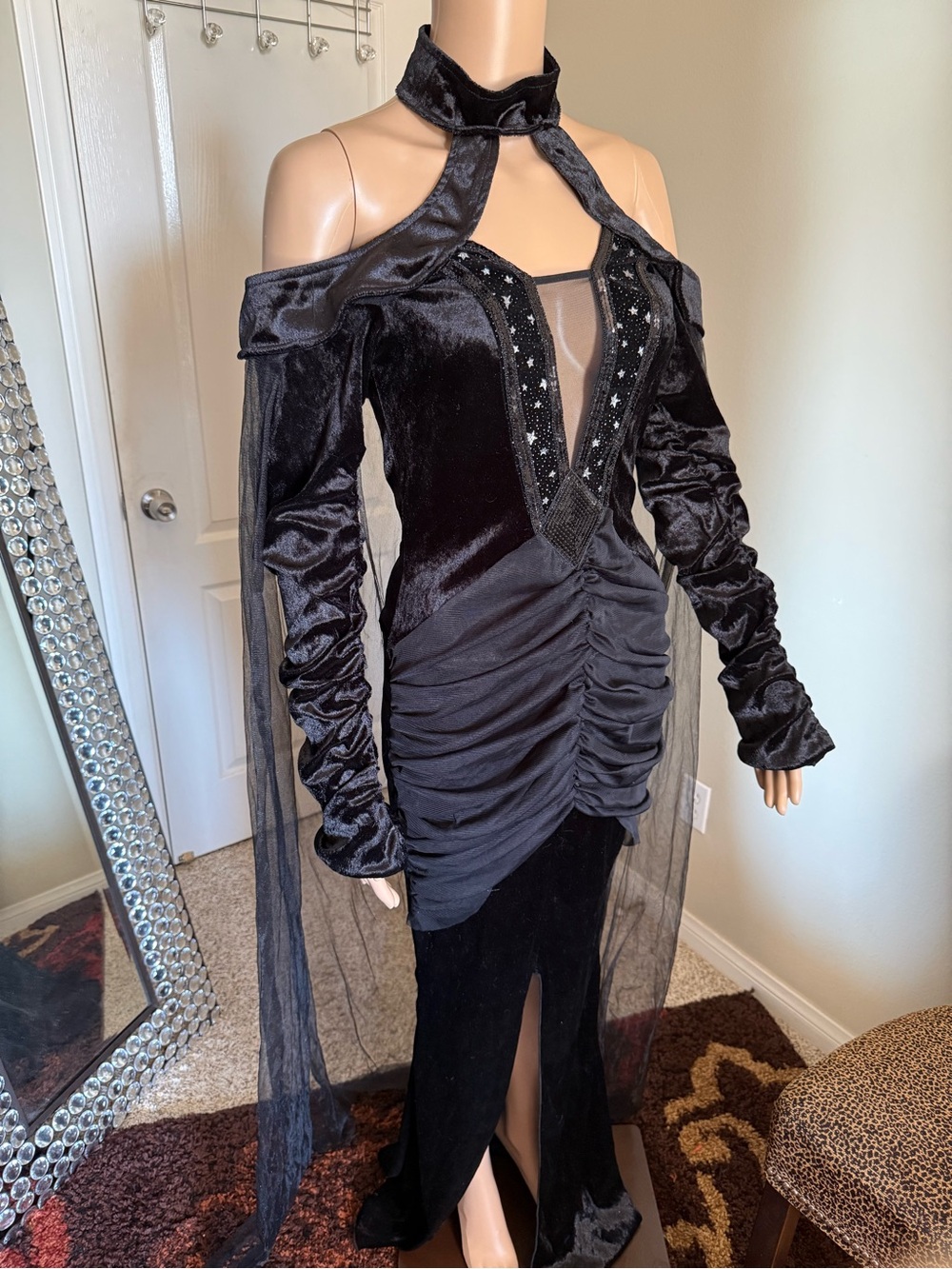 Leg Avenue Black Velvet Off-Shoulder Star Embellished Evening Gown